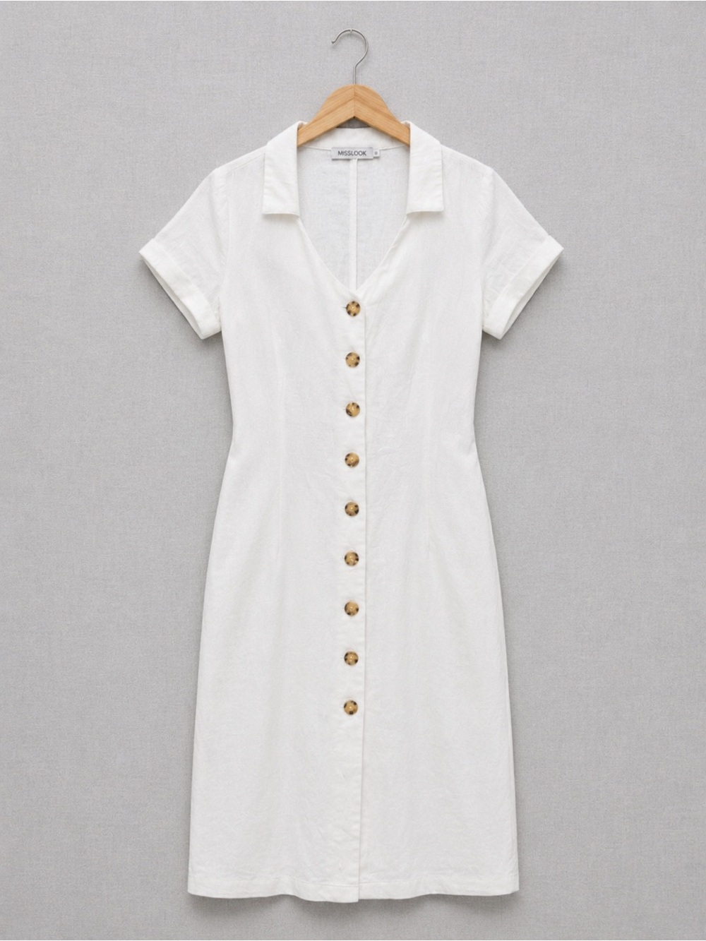 MISSLOOK White Short-Sleeve Button-Front Midi Dress